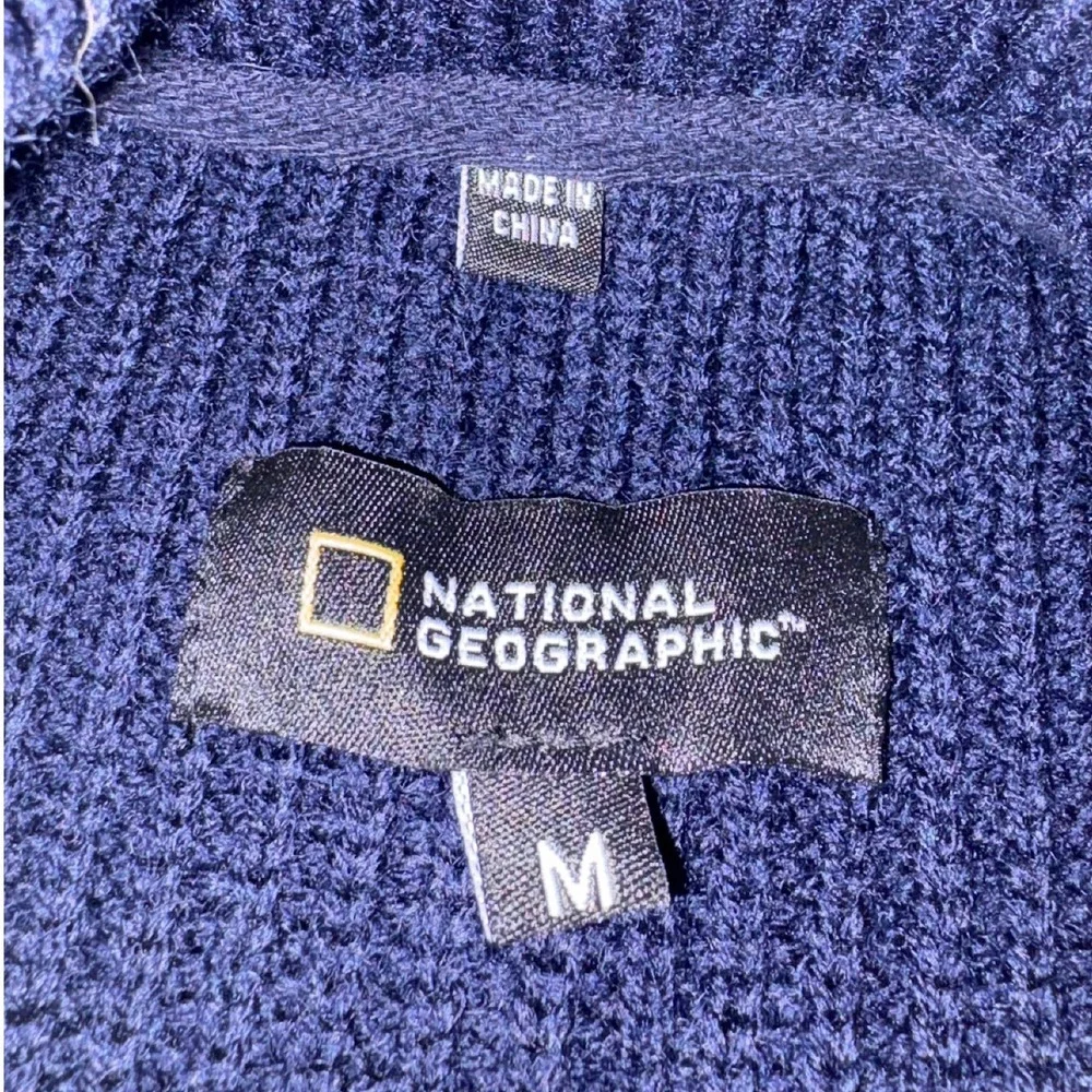 National Geographic Mens 100% Wool Ribbed Shawl Collar Sweater Navy Blue Medium